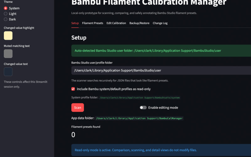 3D printing filament calibration dashboard