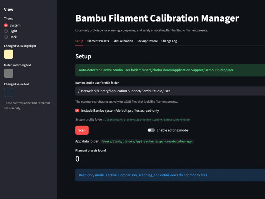 3D printing filament calibration dashboard